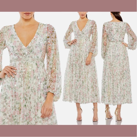 NWT $498 Mac Duggal [ 4 ] Embellished Floral Faux Wrap A‎ Line Dress White Pink